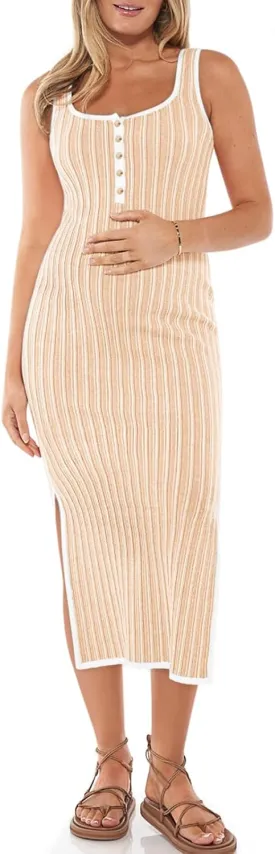 Summer Maternity Dress Rib Knit Sleeveless Button Bodycon Nursing Dresses Side Slit Stretchy Pregnancy Clothes