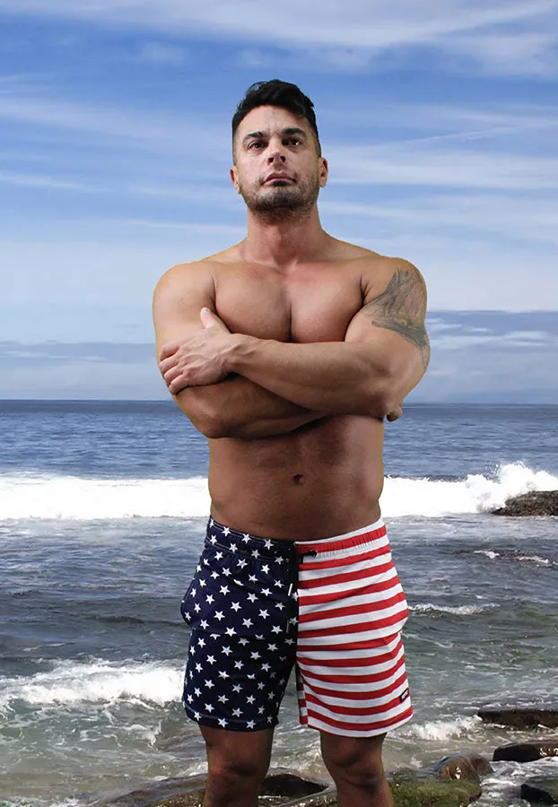 USA Flag Mens Swim Trunk Lined Shorts with Pockets By Neptio