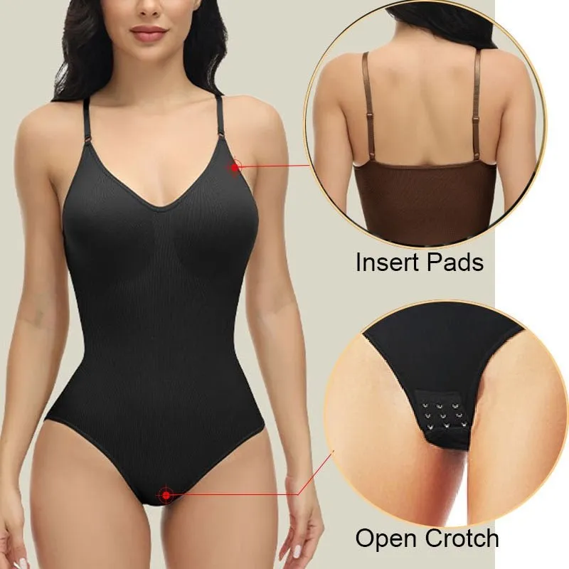 V Neck Spaghetti Strap Bodysuit - Compression Shapewear