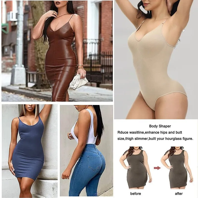 V Neck Spaghetti Strap Bodysuit - Compression Shapewear