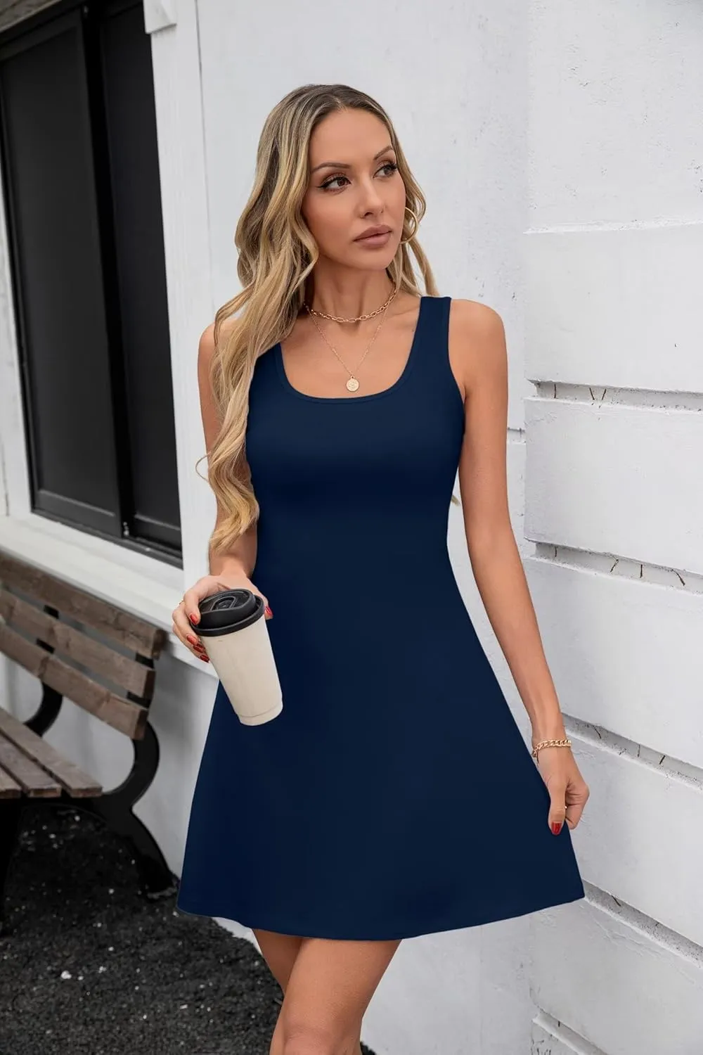 VICHYIE Womens Summer Ribbed Knit Square Neck Dress A Line Flare Mid-Thigh/Above Knee/Mini Ruffle Swing Sundress