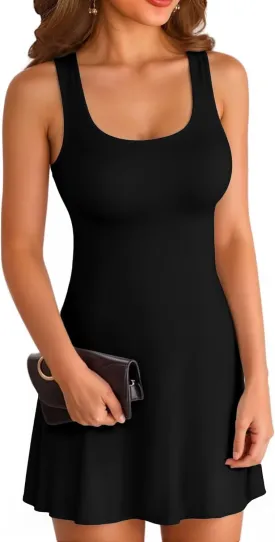 VICHYIE Womens Summer Ribbed Knit Square Neck Dress A Line Flare Mid-Thigh/Above Knee/Mini Ruffle Swing Sundress