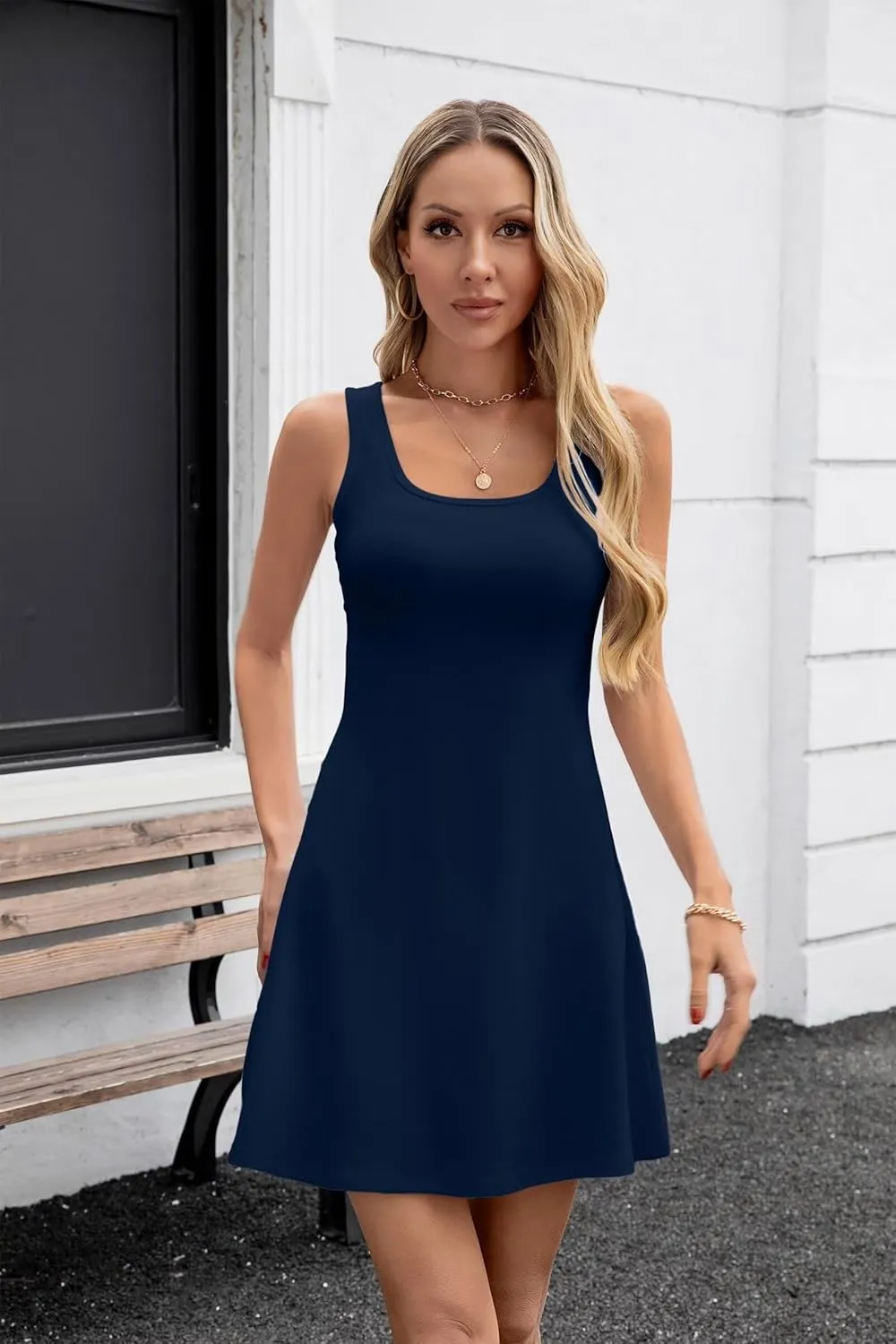 VICHYIE Womens Summer Ribbed Knit Square Neck Dress A Line Flare Mid-Thigh/Above Knee/Mini Ruffle Swing Sundress