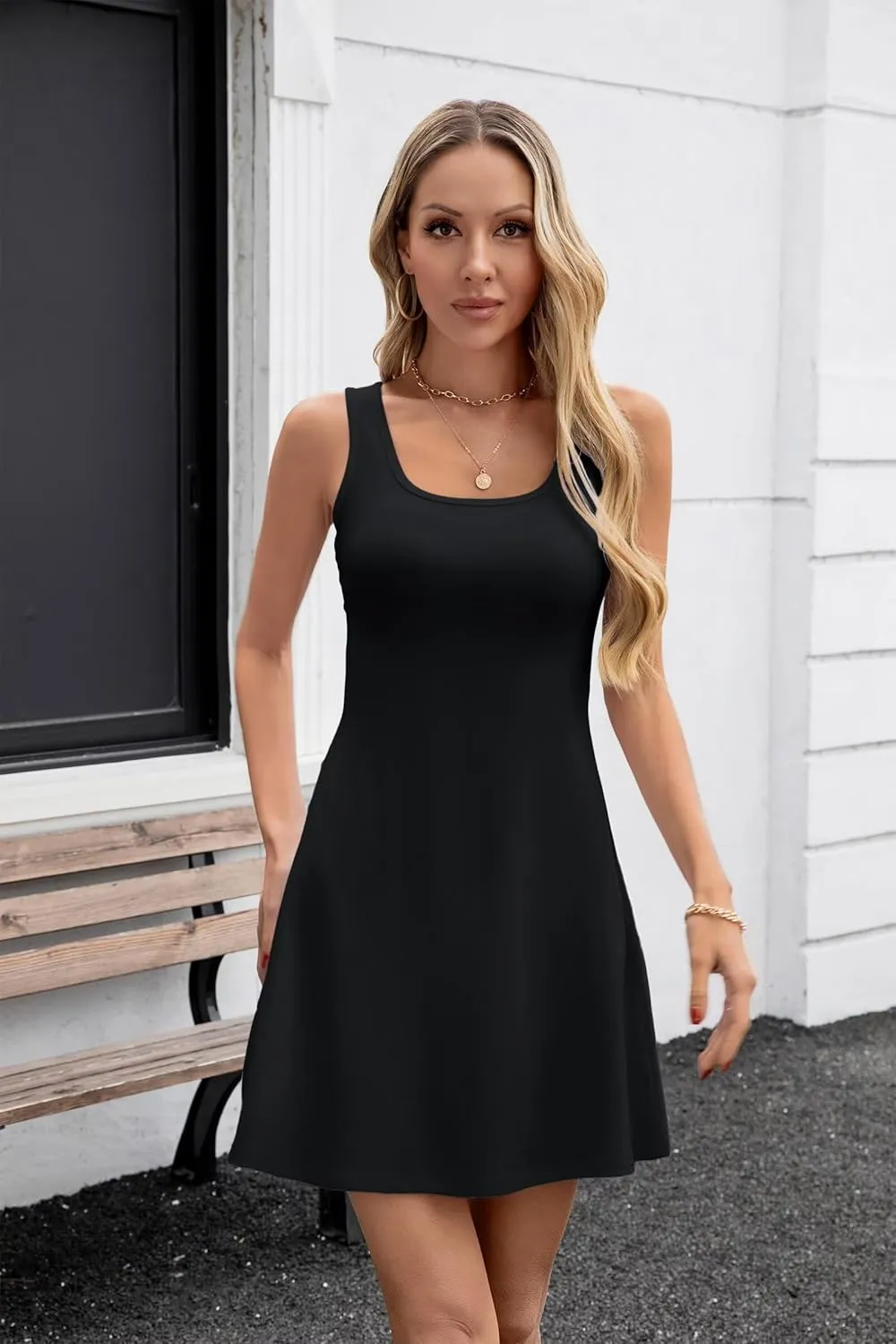 VICHYIE Womens Summer Ribbed Knit Square Neck Dress A Line Flare Mid-Thigh/Above Knee/Mini Ruffle Swing Sundress