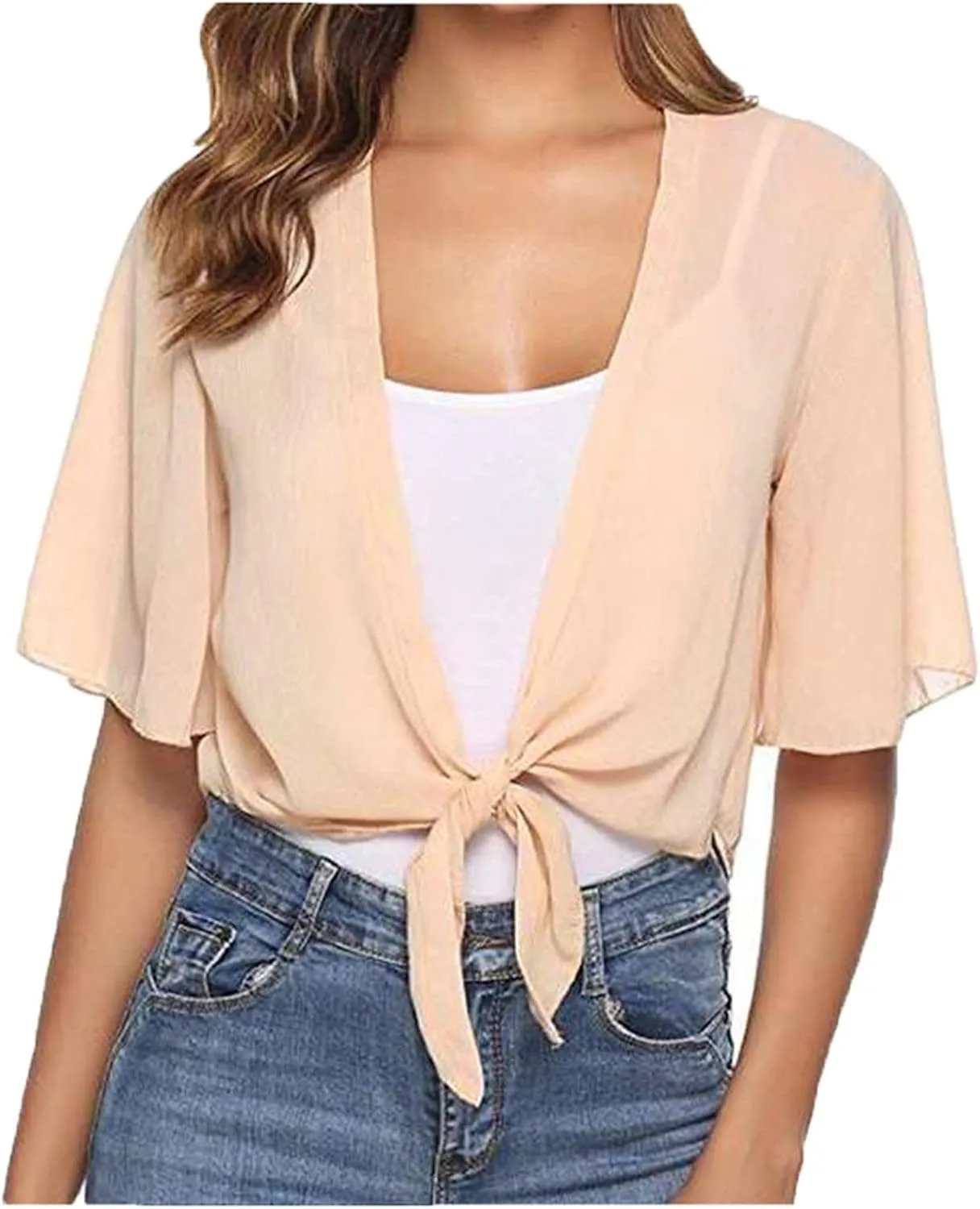 Women Shrug Chiffon Cardigan Open Front Short Sleeve Bolero 2025 Summer Lightweight Tie Front Top Rash Guard for Dress