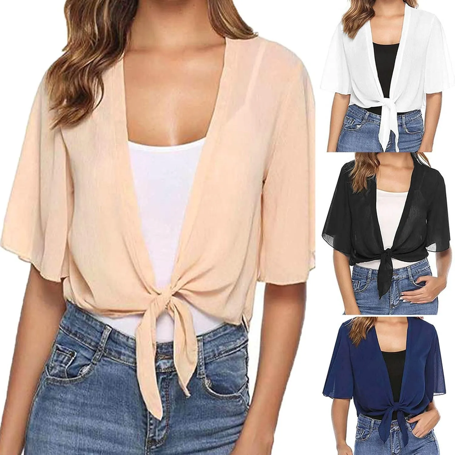 Women Shrug Chiffon Cardigan Open Front Short Sleeve Bolero 2025 Summer Lightweight Tie Front Top Rash Guard for Dress
