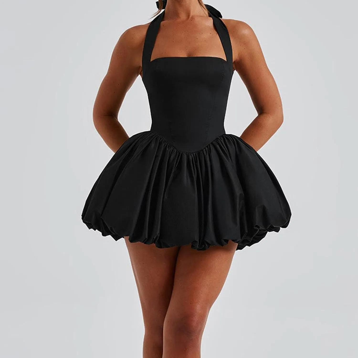 Women Sleeveless Halter Dress Casual Tie up Backless Corset Bubble Beach Party Dress