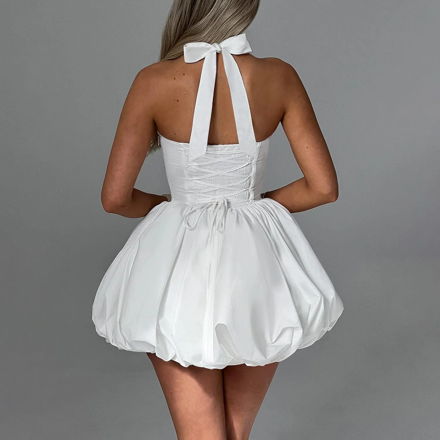 Women Sleeveless Halter Dress Casual Tie up Backless Corset Bubble Beach Party Dress
