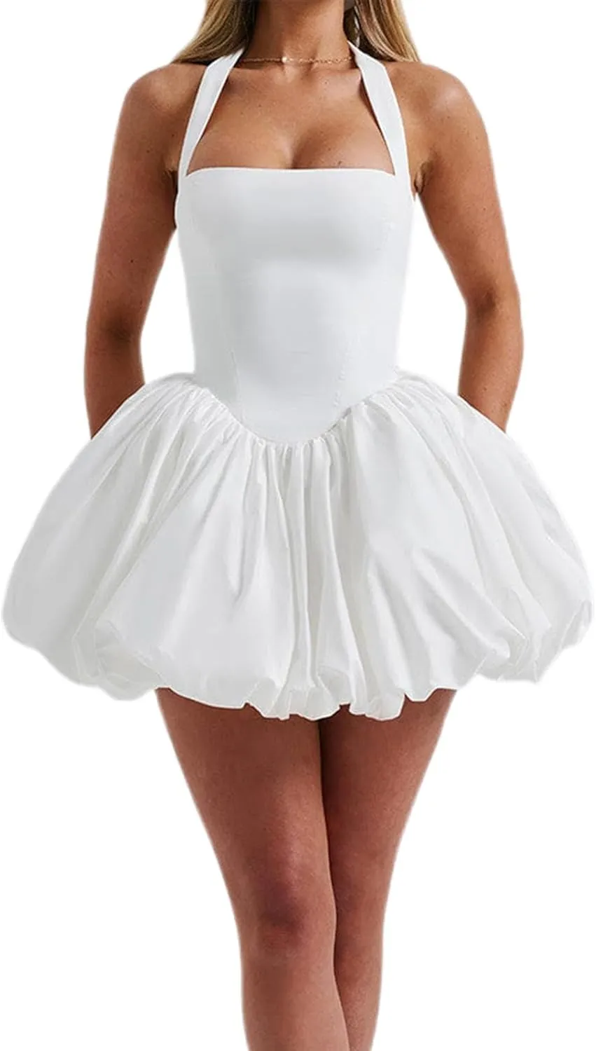 Women Sleeveless Halter Dress Casual Tie up Backless Corset Bubble Beach Party Dress