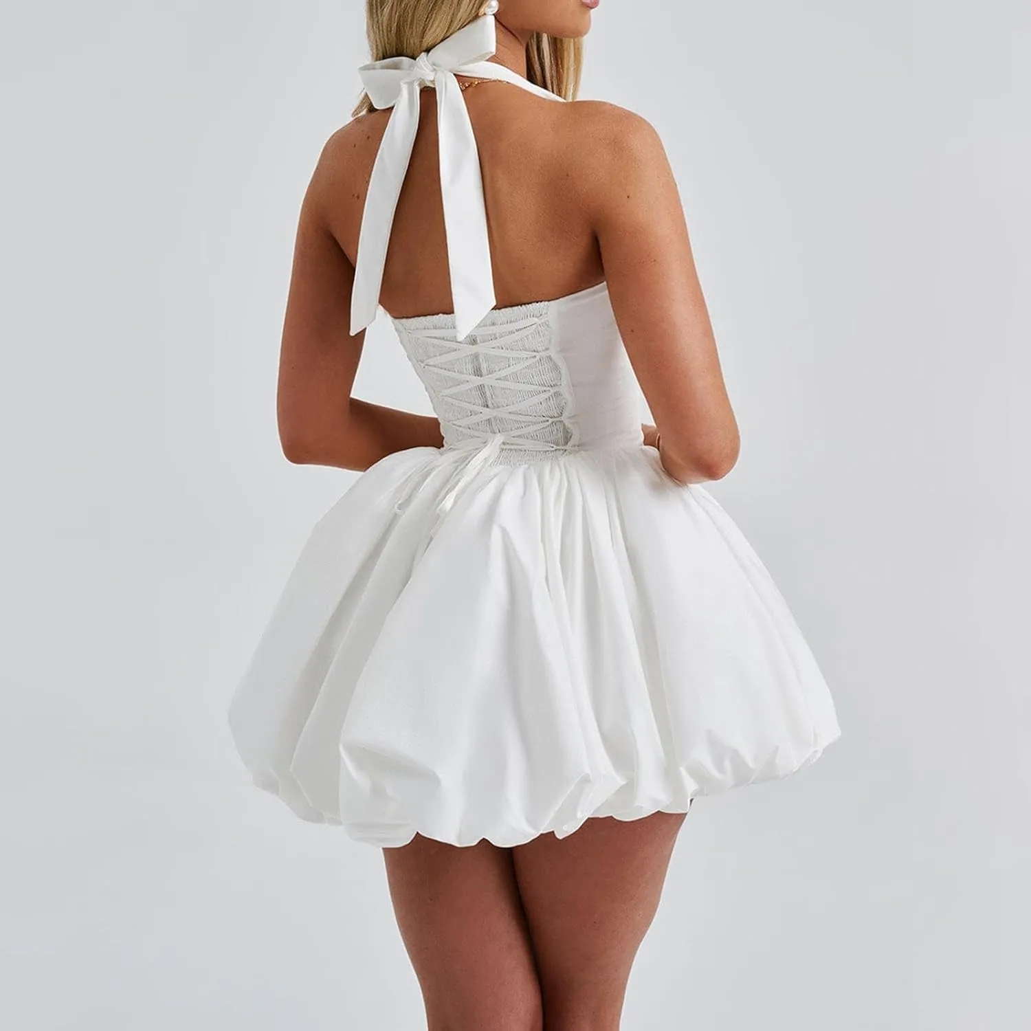 Women Sleeveless Halter Dress Casual Tie up Backless Corset Bubble Beach Party Dress