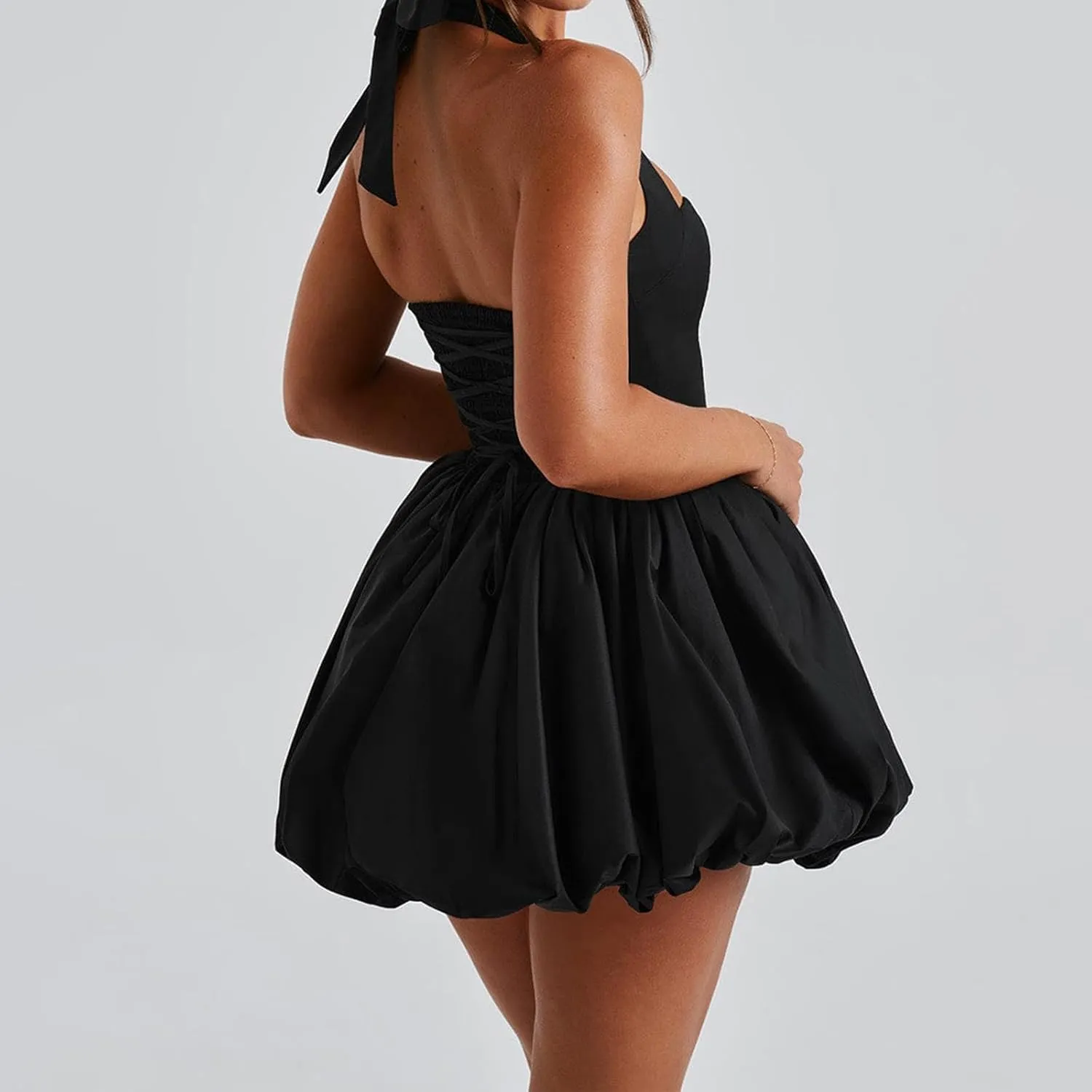 Women Sleeveless Halter Dress Casual Tie up Backless Corset Bubble Beach Party Dress