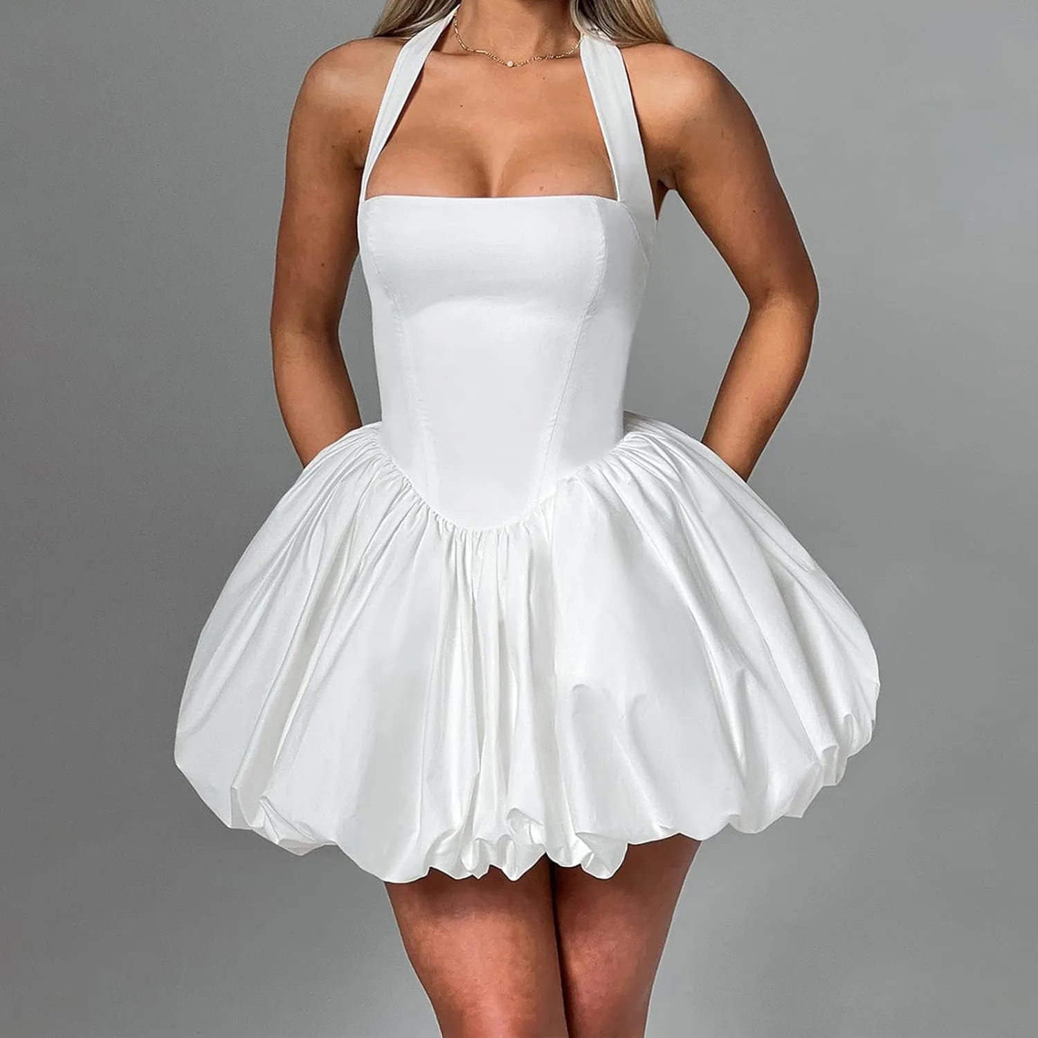 Women Sleeveless Halter Dress Casual Tie up Backless Corset Bubble Beach Party Dress
