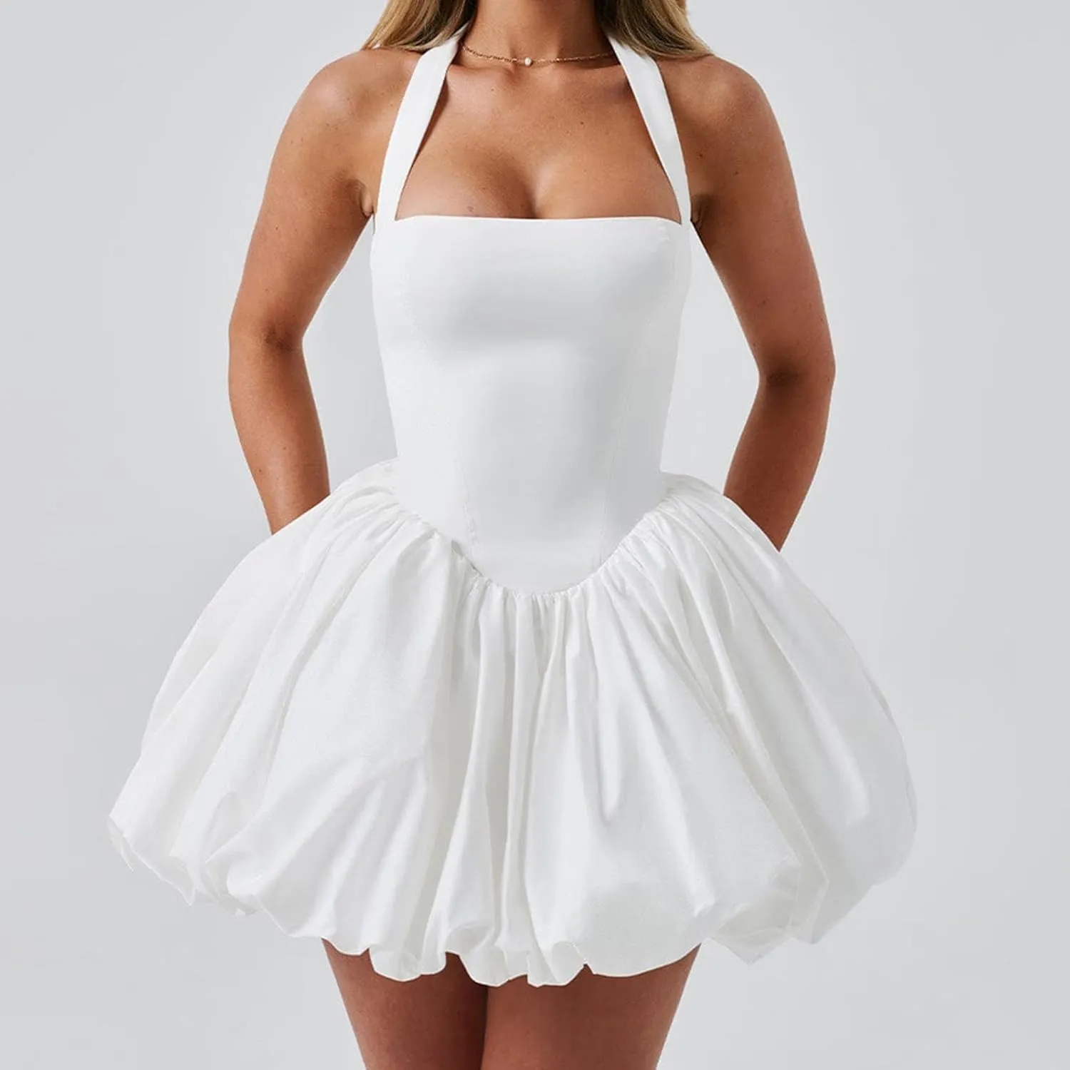 Women Sleeveless Halter Dress Casual Tie up Backless Corset Bubble Beach Party Dress