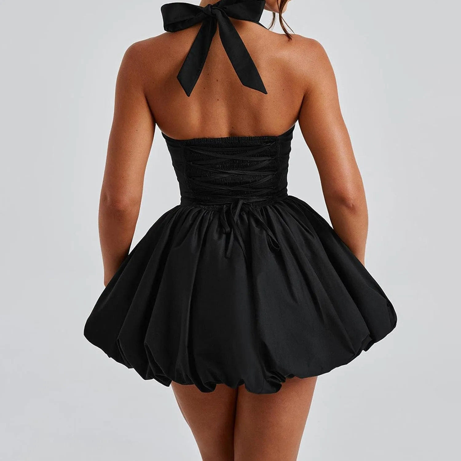 Women Sleeveless Halter Dress Casual Tie up Backless Corset Bubble Beach Party Dress