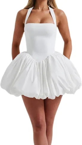 Women Sleeveless Halter Dress Casual Tie up Backless Corset Bubble Beach Party Dress