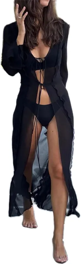 Women Y2k See Through Sheer Mesh Maxi Dress Vintage High Split Bikini Cover Up Dress Aesthetic Bathing Long Dress