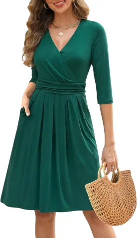 Zattcas Women's 2025 Spring Casual Dresses V Neck 3/4 Sleeve Empire Pleated Fit and Flare Knee Length Dress with Pockets