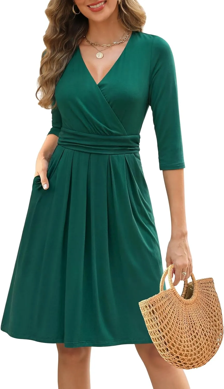 Zattcas Women's 2025 Spring Casual Dresses V Neck 3/4 Sleeve Empire Pleated Fit and Flare Knee Length Dress with Pockets