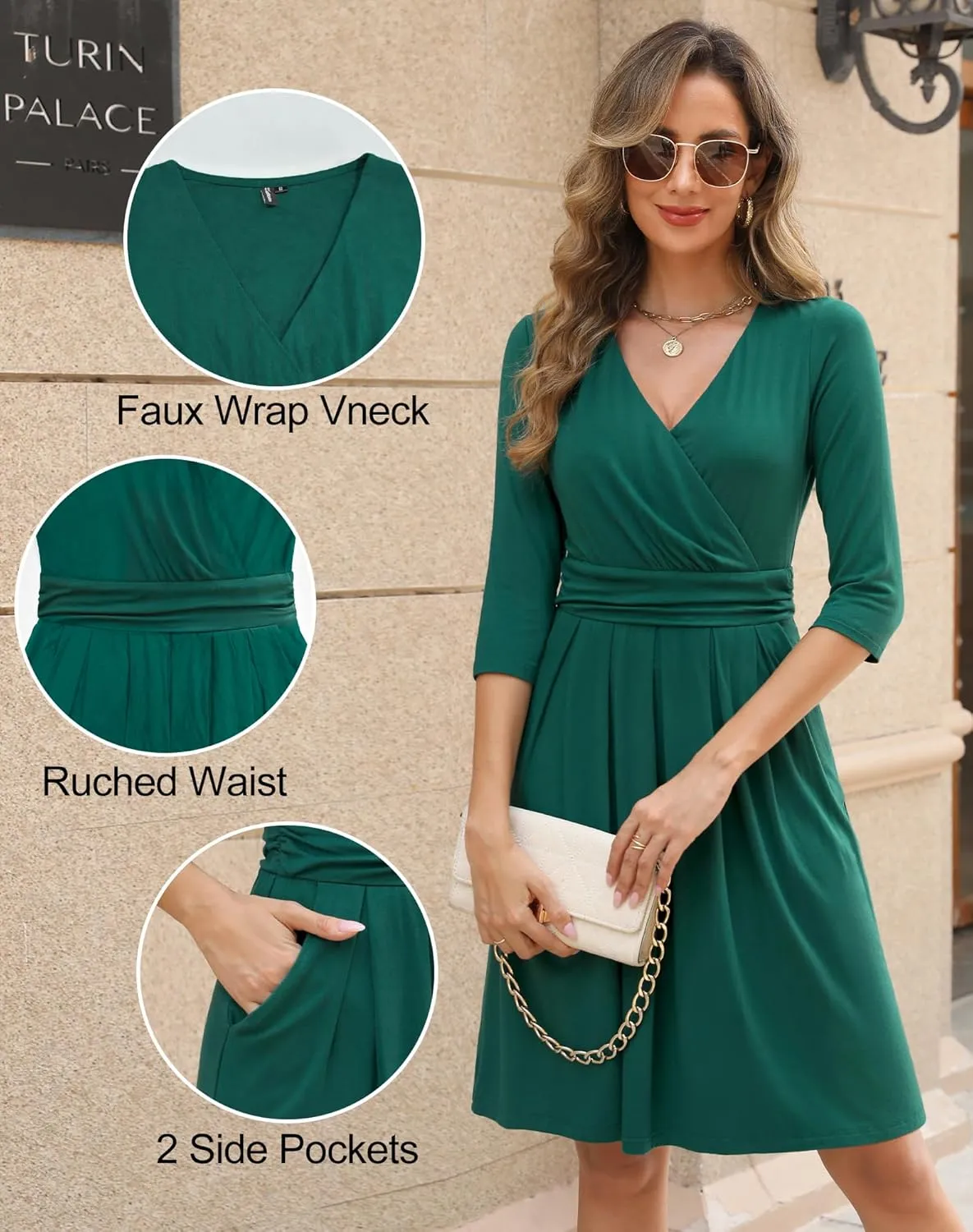 Zattcas Women's 2025 Spring Casual Dresses V Neck 3/4 Sleeve Empire Pleated Fit and Flare Knee Length Dress with Pockets