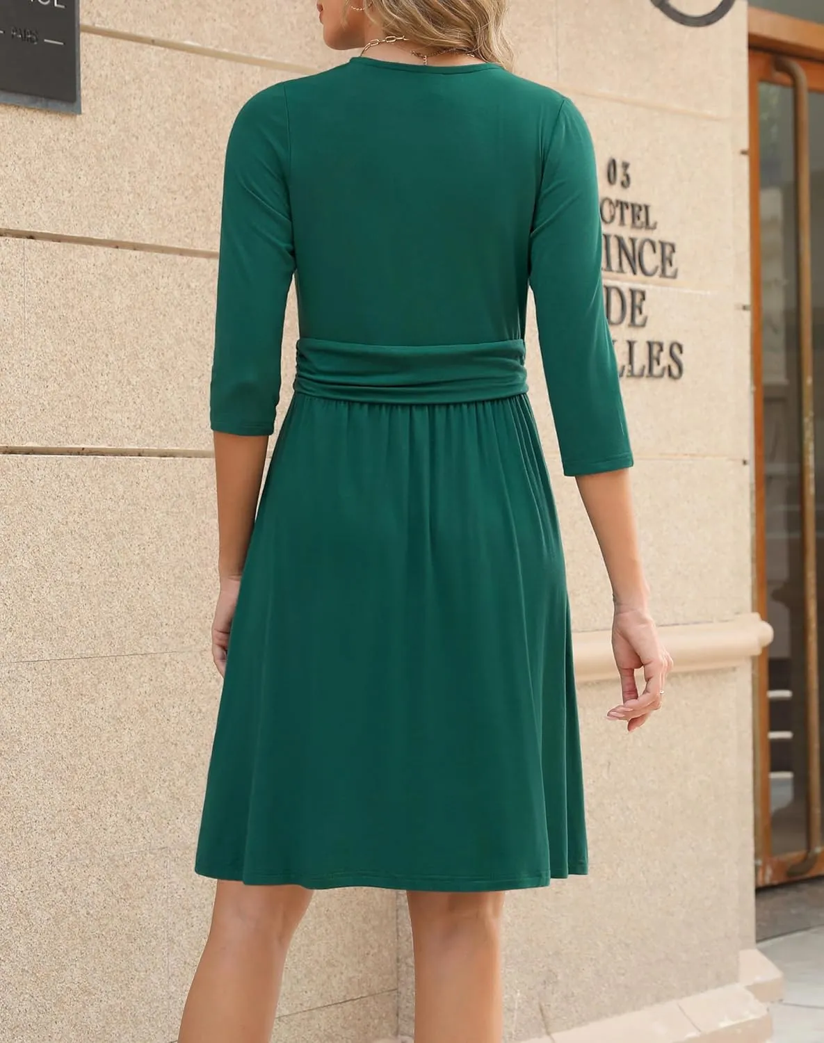 Zattcas Women's 2025 Spring Casual Dresses V Neck 3/4 Sleeve Empire Pleated Fit and Flare Knee Length Dress with Pockets